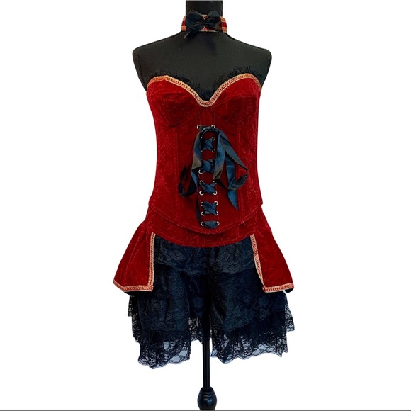 Sexy Costume Burlesque Corset Vampire Red Pirate, Velvet Velour Bustier  SZ L - Picture 4 of 14